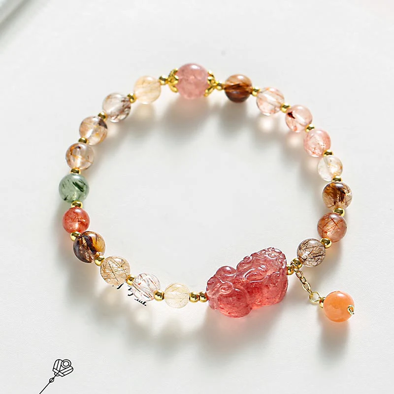 Mocoer Natural Rutilated Quartz Strawberry Quartz PiXiu Wealth Bracelet - Mocoer