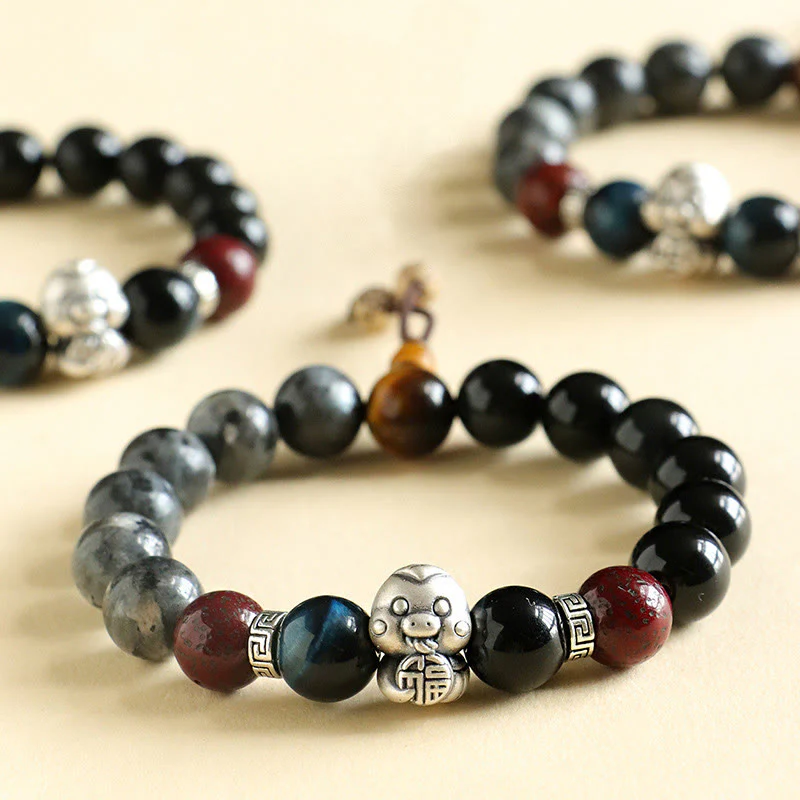 Mocoer Black Glitter Stone Black Onyx 999 Sterling Silver Fu Character Copper Coin Year Of Snake Protection Bracelet - Mocoer