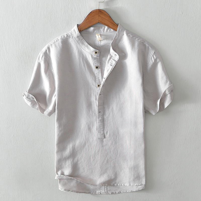 Mocoer Causal Simple Design Short Sleeve Cotton Linen Half Button Men's Shirt - Mocoer