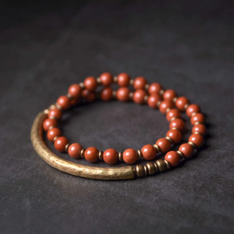 Mocoer Red Jasper Moss Agate Black Obsidian Crystal Copper Peace Couple Bracelet - Mocoer