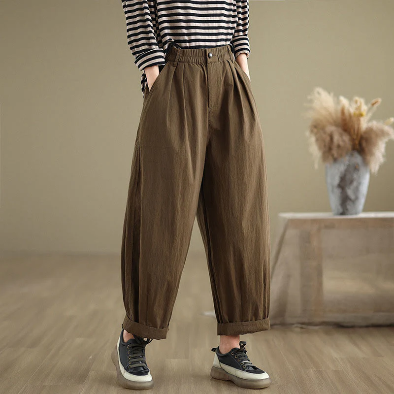 Mocoer Casual Solid Color One Top Button Elastic Waistband Cotton Linen Women's Pants With Pockets - Mocoer