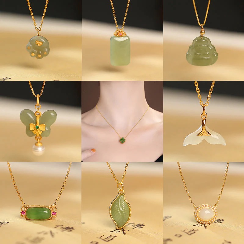 Mocoer 925 Sterling Silver Natural Hetian Jade Cyan Jade Luck Laughing Buddha Butterfly Necklace Pendant - Mocoer