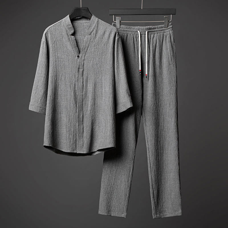 Mocoer 2Pcs Solid Color Texture Button Half Sleeve Shirt Pants Men's Set - Mocoer