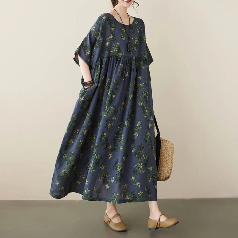Mocoer Blue Brown Flowers Midi Dress Cotton Half Sleeve Tunic Dress With Pockets - Mocoer