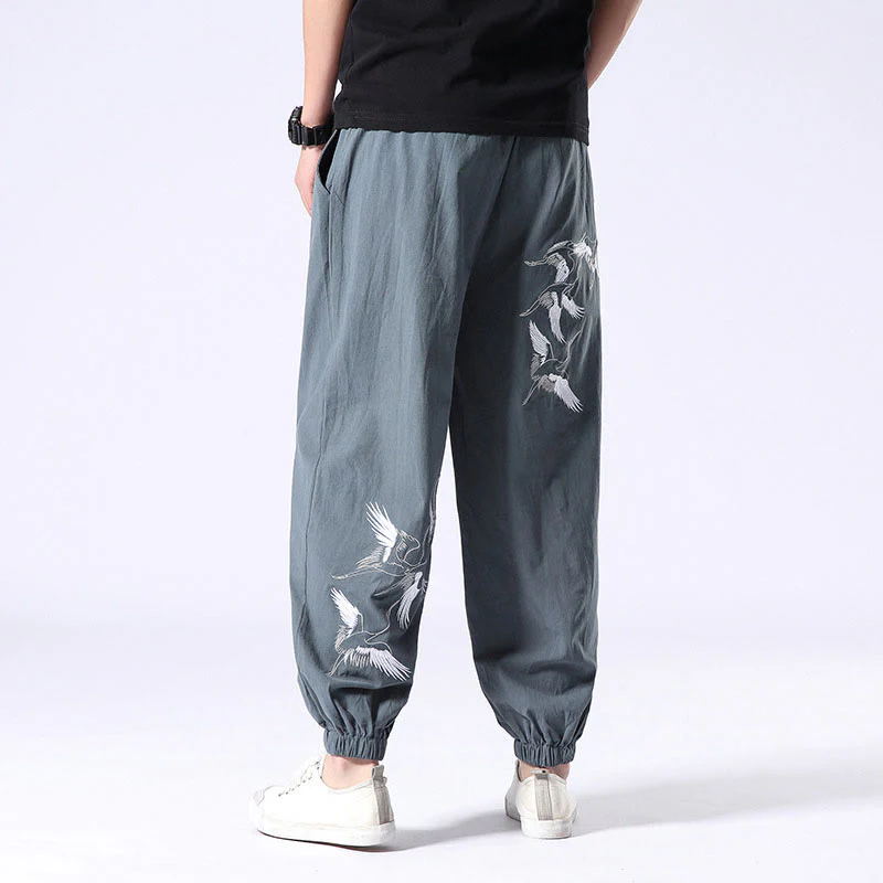 Mocoer White Crane Embroidery Design Drawstring Men's Harem Pants With Pockets - Mocoer