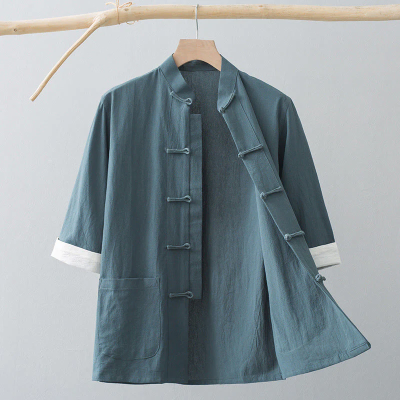Mocoer Frog-Button Chinese Tang Suit Half Sleeve Shirt Cotton Men Clothing With Pockets - Mocoer