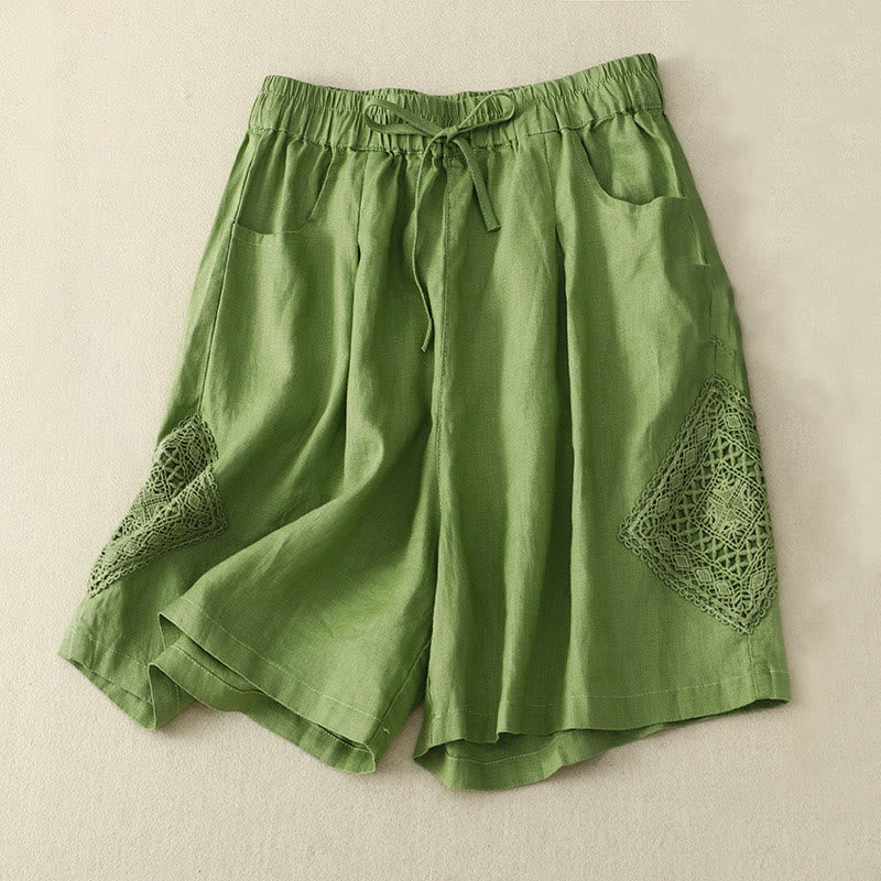 Mocoer Casual Solid Color Side Hollow Design Lace-up Cotton Linen Women's Shorts With Pockets - Mocoer