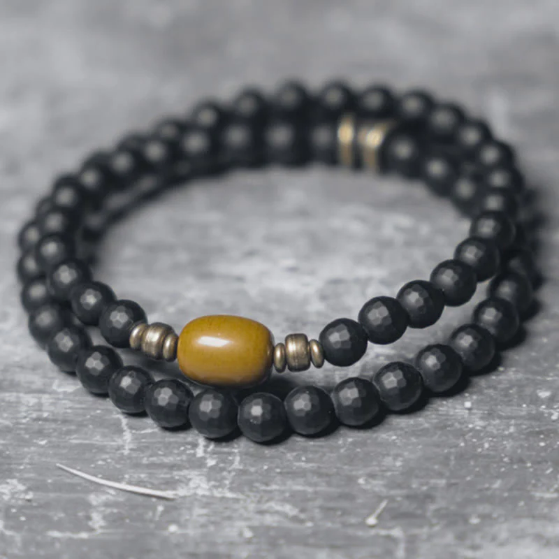 Mocoer Frosted Cut Surface Black Onyx Topaz Beads Double Wrap Protection Bracelet - Mocoer