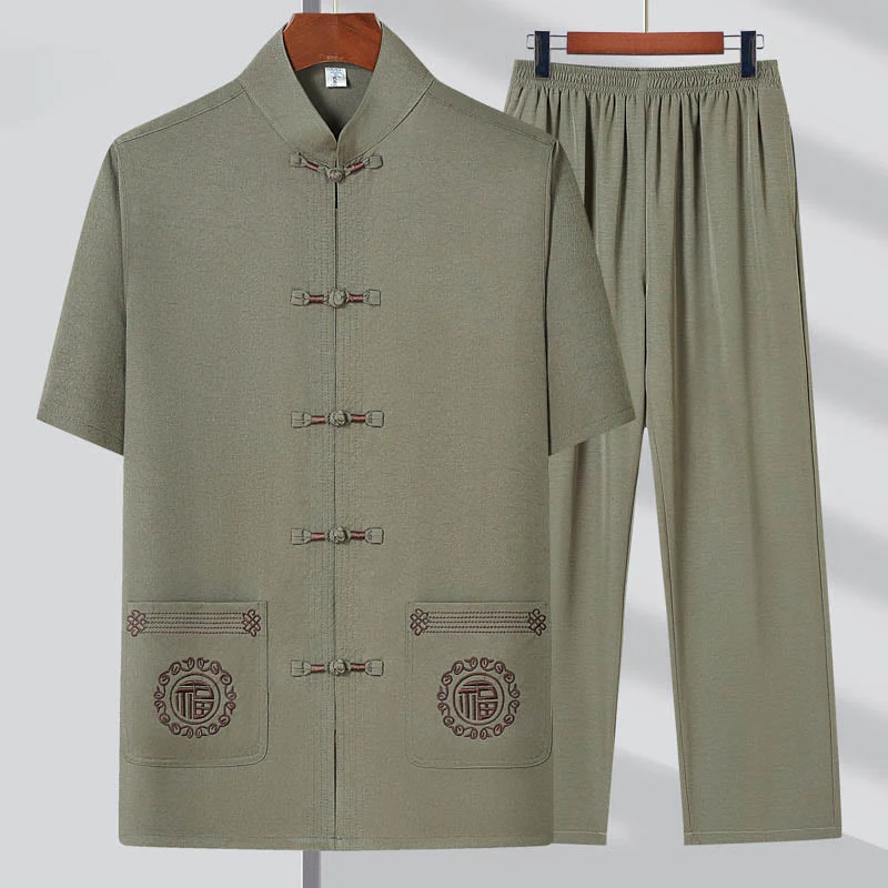 Mocoer Fu Character Embroidery Tang Suit Traditional Frog-Button Short Sleeve Top Pants Clothing Men's Set - Mocoer