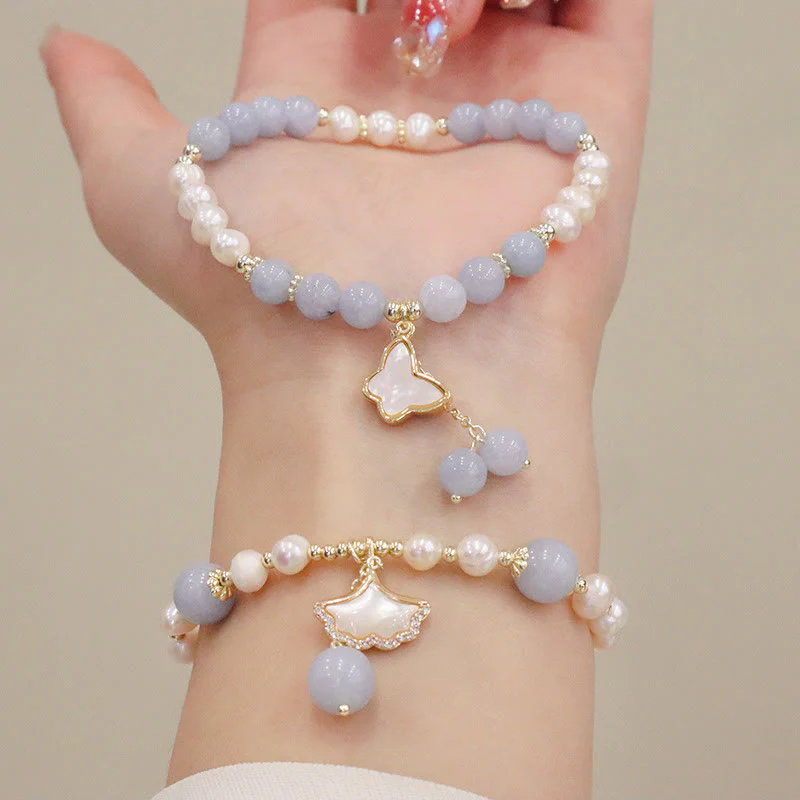 Mocoer Natural Aquamarine Pearl Healing Ginkgo Leaf Butterfly Charm Bracelet - Mocoer