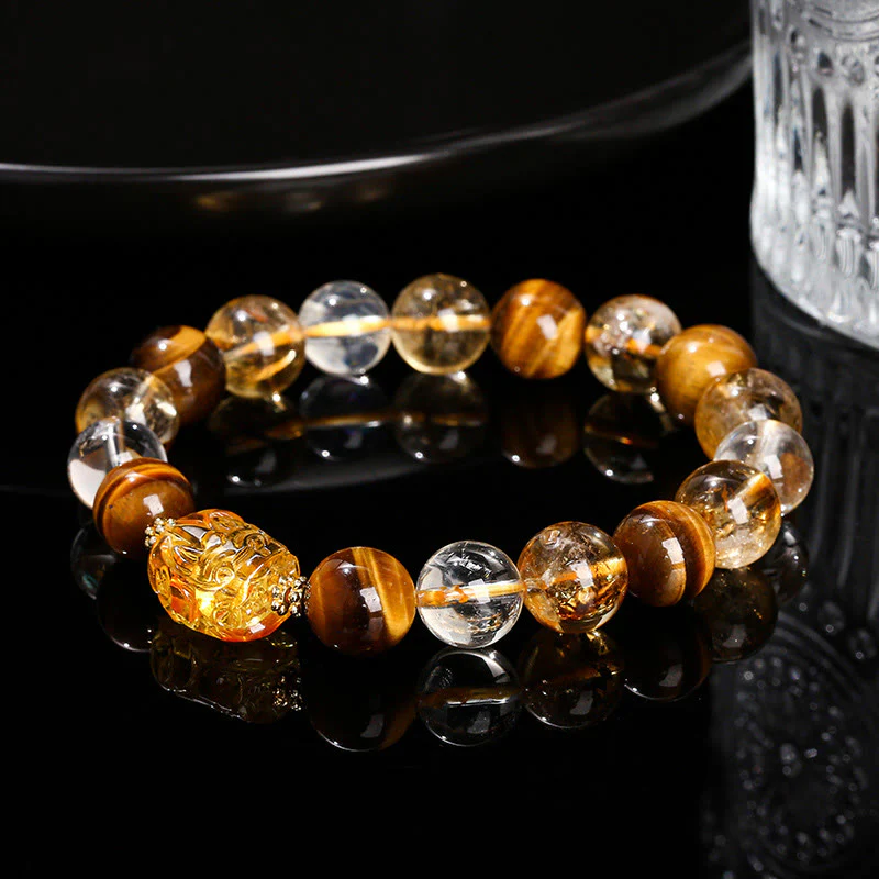 Mocoer Natural Yellow Tiger Eye Citrine Beeswax Pixiu Strength Bracelet - Mocoer