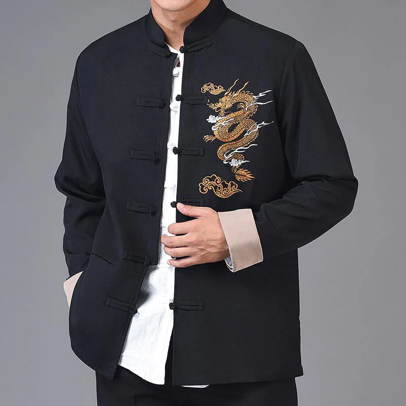 Mocoer Dragon Embroidery Frog-button Polyester Men's Jacket Shirt Clothing With Pockets - Mocoer