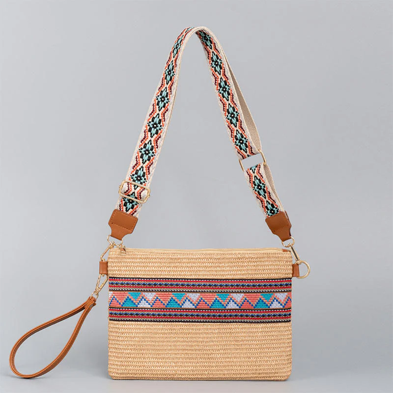Mocoer Boho Colorful Geometry Straw Woven Crossbody Bag Shoulder Bag Handbag - Mocoer