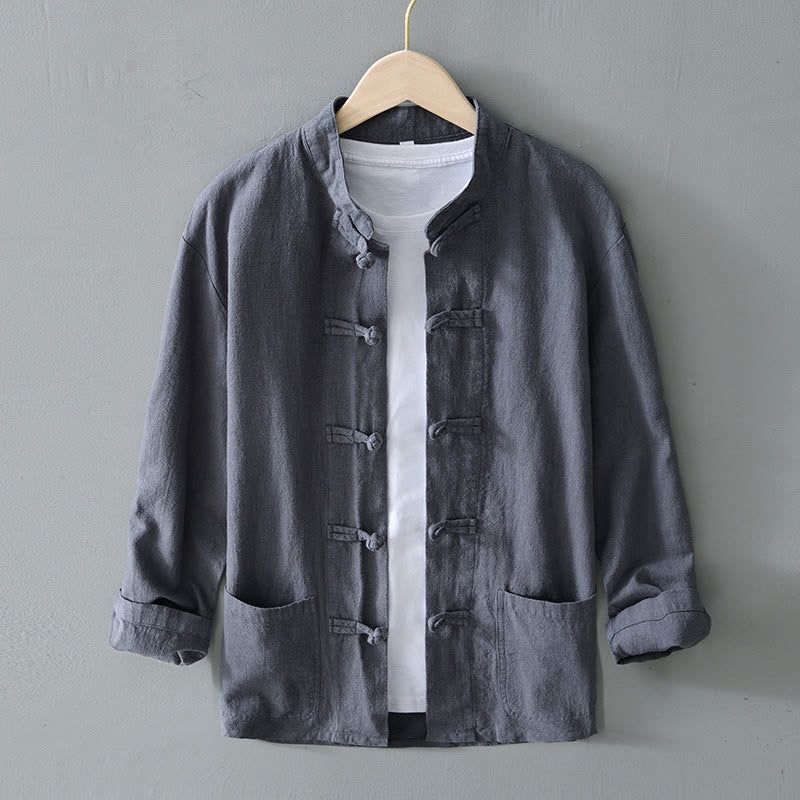 Mocoer Frog-Button Chinese Tang Suit Ramie Linen Cotton Men Jacket Shirt With Pockets - Mocoer