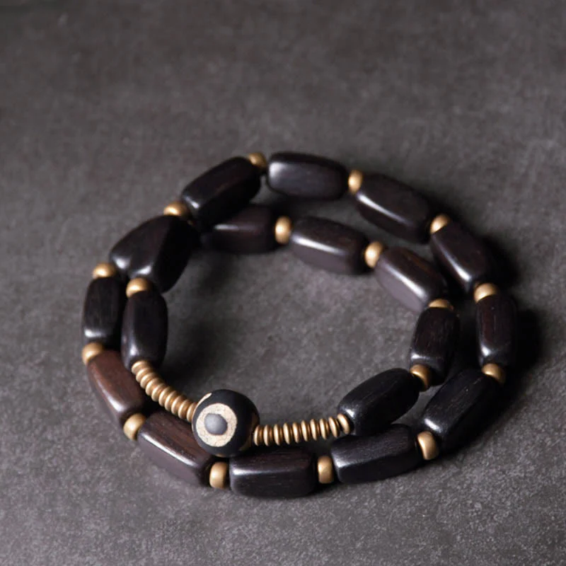 Mocoer Tibet Ebony Wood Dzi Bead Copper Balance Double Wrap Bracelet - Mocoer