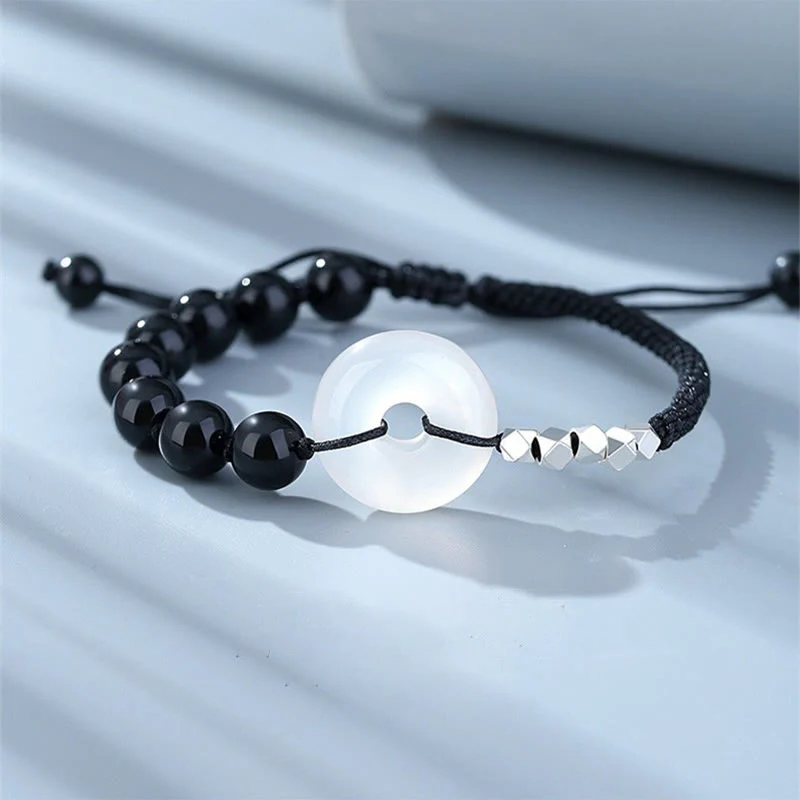 Mocoer 925 Sterling Silver Black Obsidian Agate Peace Buckle Strength Bracelet - Mocoer