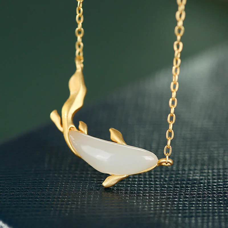 Mocoer 925 Sterling Silver White Jade Dolphin Luck Necklace Pendant - Mocoer