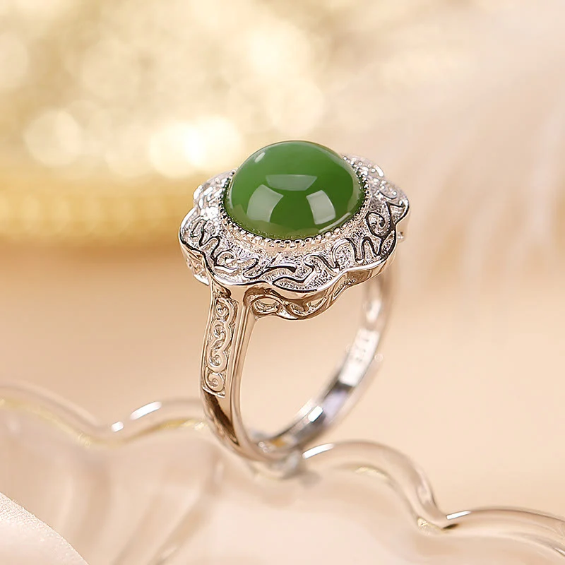 Mocoer 925 Sterling Silver Hetian Cyan Jade Flower Design Luck Adjustable Ring - Mocoer