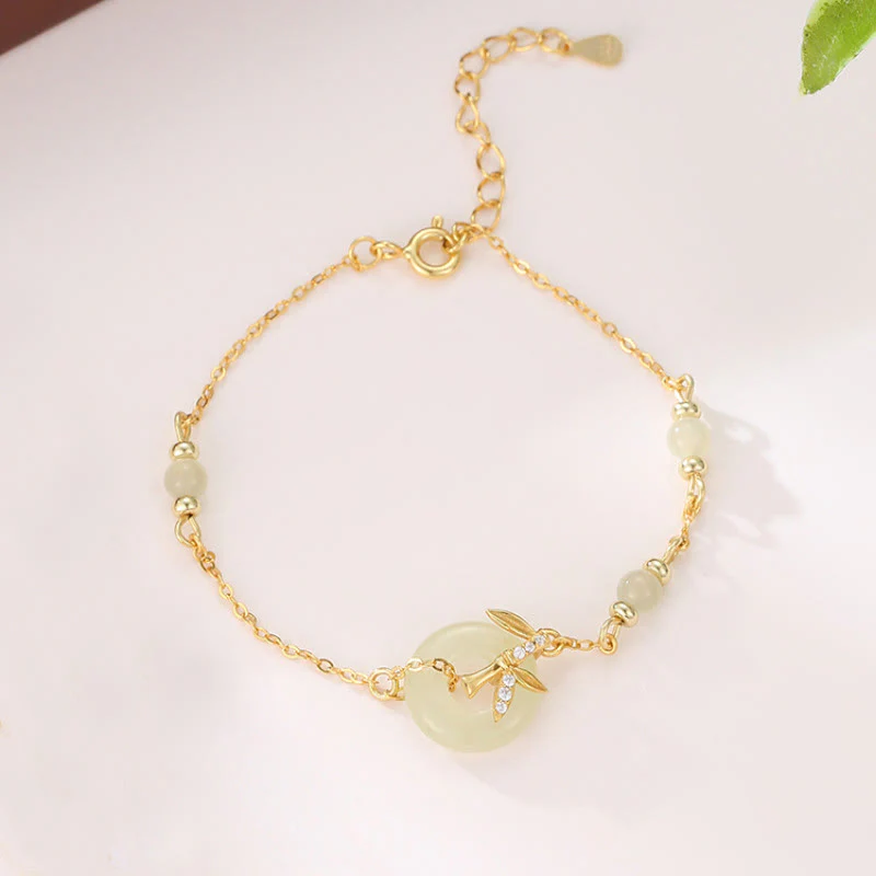 Mocoer Hetian Jade 925 Sterling Silver Cubic Zirconia Peace Buckle Luck Bracelet - Mocoer