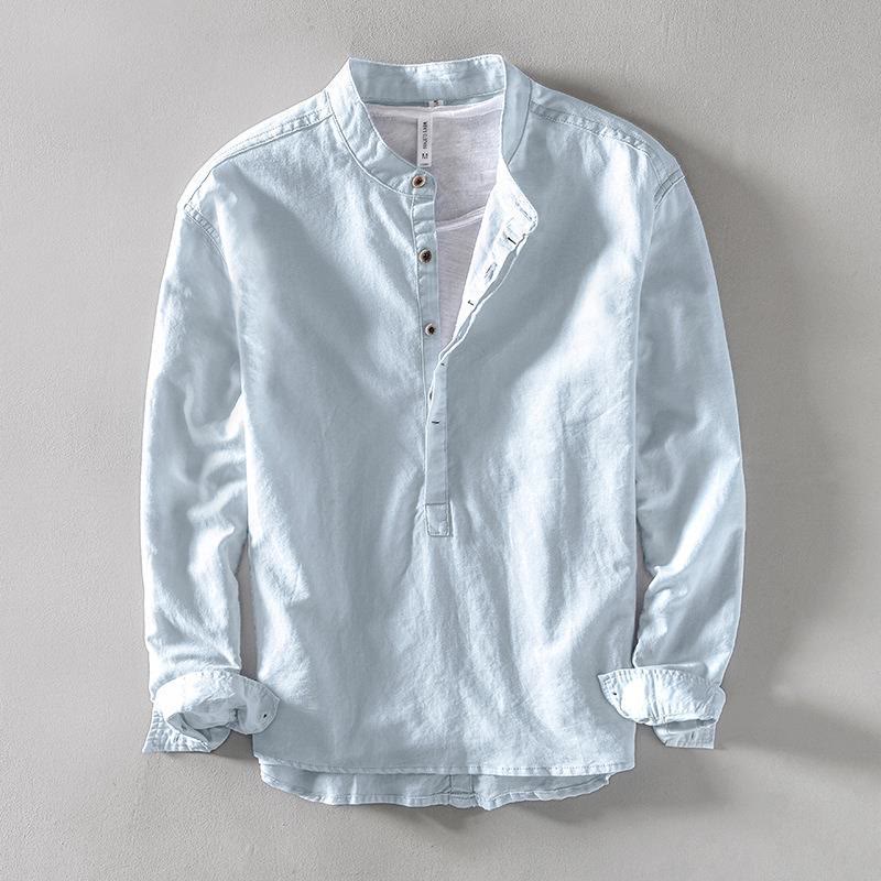 Mocoer Solid Color Long Sleeve Half Button Shirt Cotton Linen Men Clothing - Mocoer