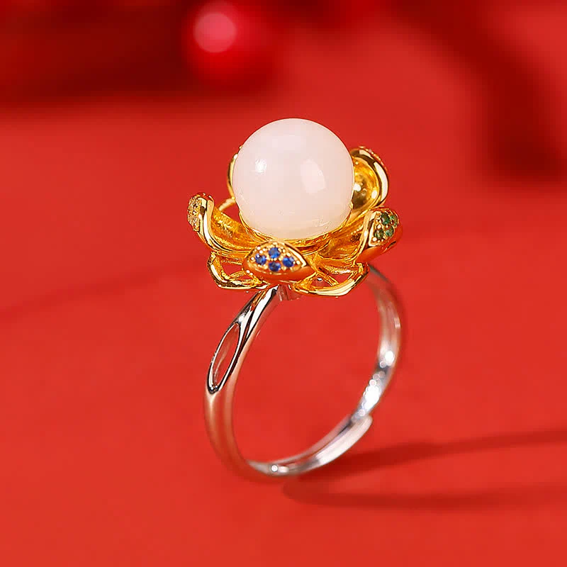Mocoer 925 Sterling Silver White Jade Cyan Jade Lotus Flower Success Ring - Mocoer