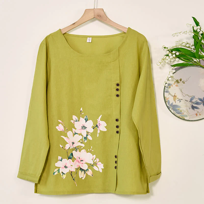 Mocoer Casual Floral Long Sleeve Round Neck Shirt Cotton Linen Women's Shirts - Mocoer