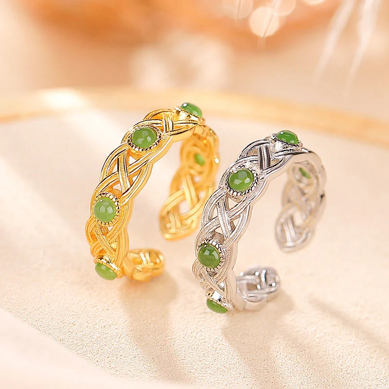 Mocoer 925 Sterling Silver Plated Gold Cyan Jade Braided Design Success Luck Adjustable Ring - Mocoer