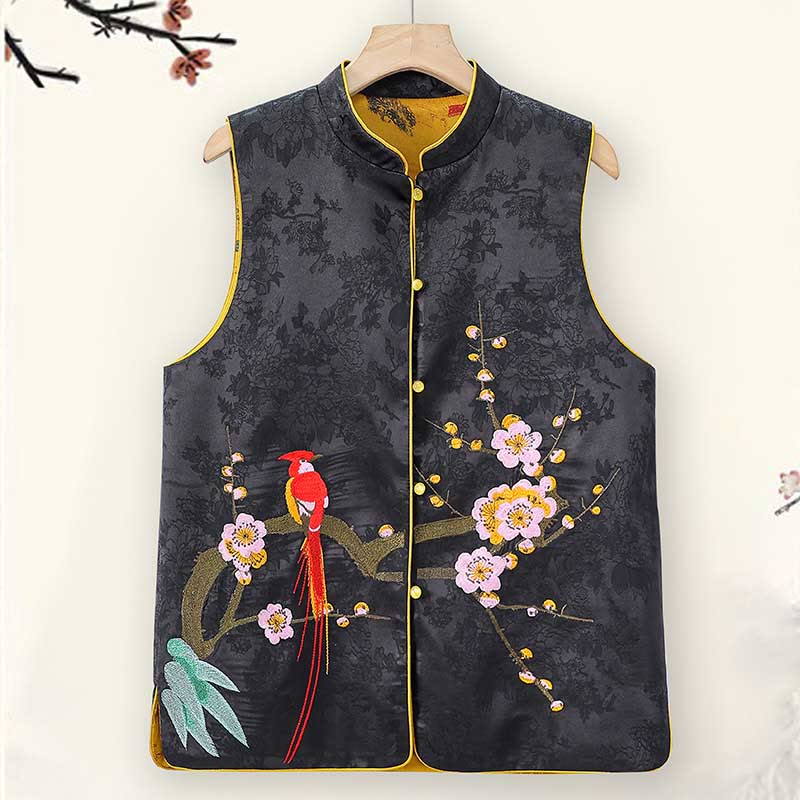 Mocoer Vintage Embroidery Plum Blossom Pattern Double-Sided Wear Vest - Mocoer