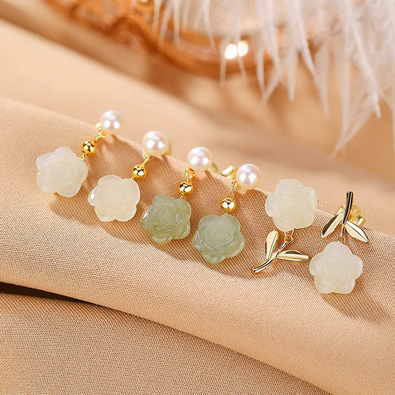Mocoer 925 Sterling Silver Plated Gold Jade Rose Flower Cyan Jade Pearl Luck Earrings - Mocoer