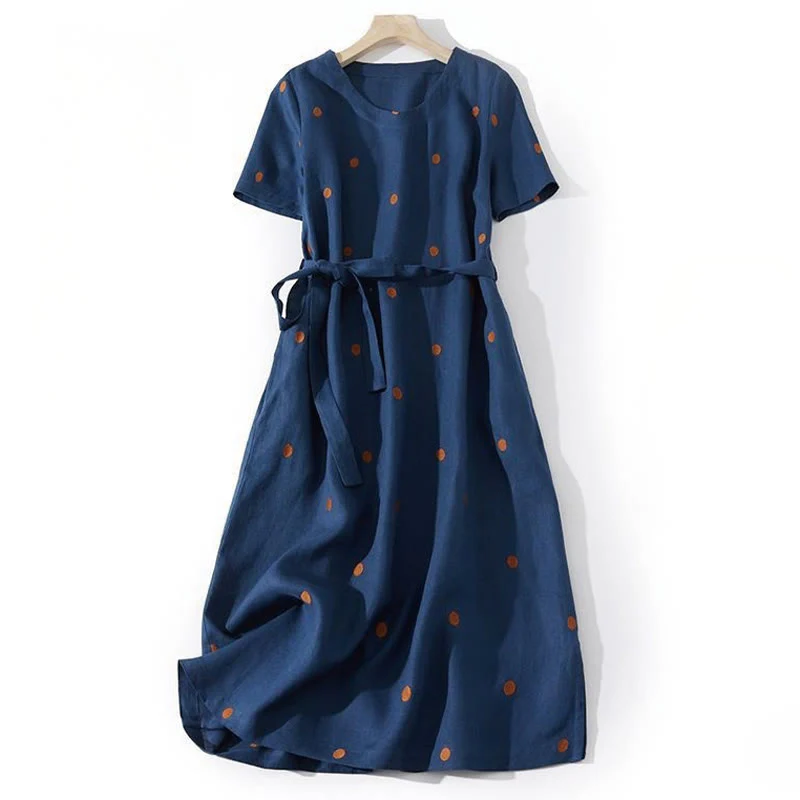 Mocoer Casual Dot Pattern Short Sleeve Lace-up Cotton Linen Women's Maxi Dress With Pockets - Mocoer