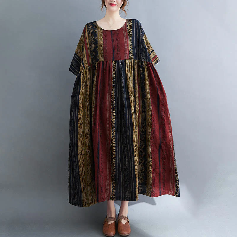 Mocoer Boho Geometry Short Sleeve Midi Dress With Pockets - Mocoer