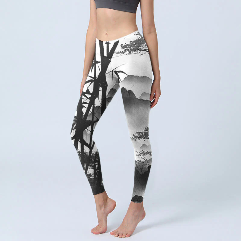 Mocoer Ink Painting Bamboo Pine Mountain Scenery Print Gym Leggings Women's Yoga Pants - Mocoer