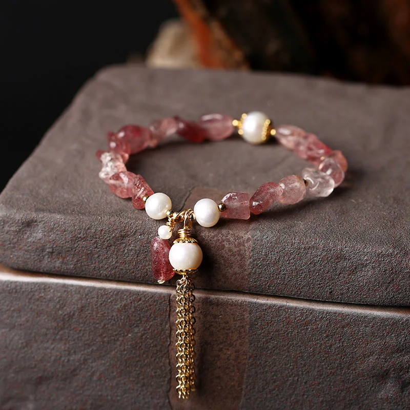 Mocoer Natural Strawberry Quartz Pearl 14k Gold Plated Love Healing Bracelet - Mocoer