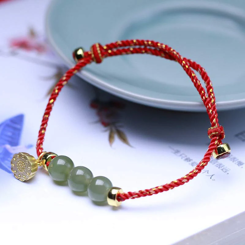 Mocoer Natural Jade Lotus Seed Strength Red String Weave Bracelet - Mocoer