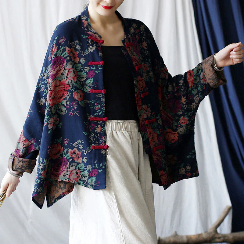 Mocoer Red Flowers Green Leaves Print Frog-button Design Long Sleeve Cotton Linen Jacket Shirt - Mocoer