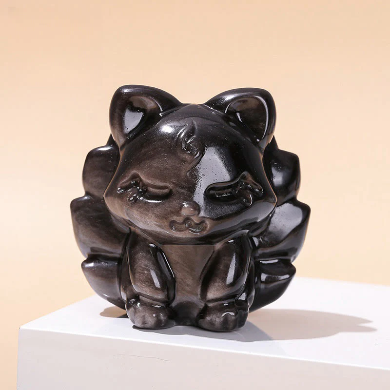 Mocoer Natural Silver Sheen Obsidian Nine Tailed Fox Protection Home Decoration - Mocoer