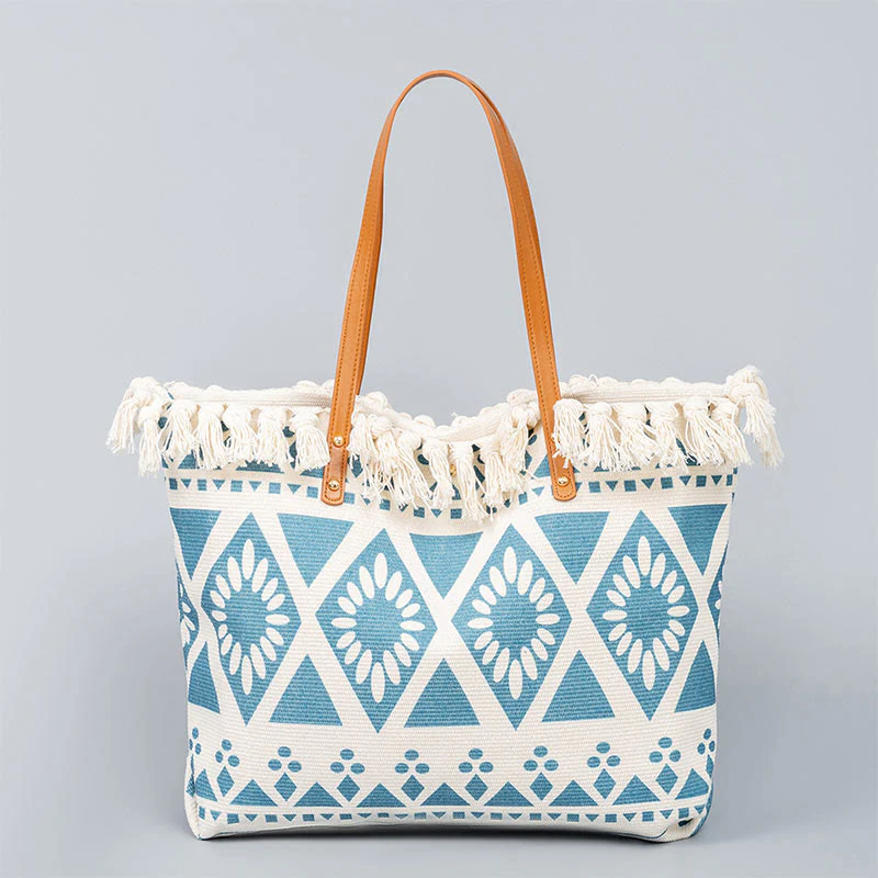 Mocoer Large Capacity Boho Geometry Print Tassel Canvas Tote Shoulder Bag - Mocoer