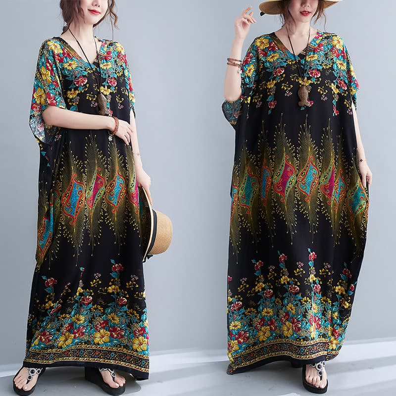 Mocoer Casual Loose Printing Flower Pattern V-Neck Half Sleeve Design Polyester Midi Dress With Pockets - Mocoer