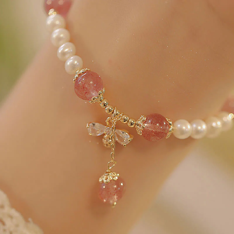 Mocoer Natural Pearl Strawberry Quartz Healing Cute Honey Bee Charm Bracelet - Mocoer
