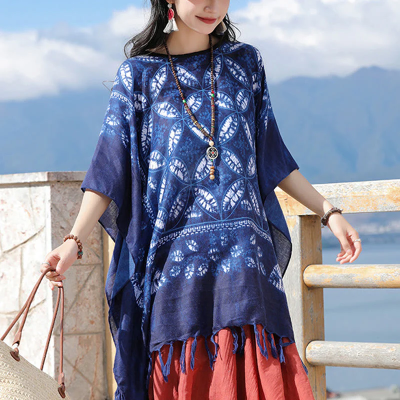 Mocoer Blue Flower Indigo Dyeing Shawl Tassels Cozy Pullover 90*95cm - Mocoer