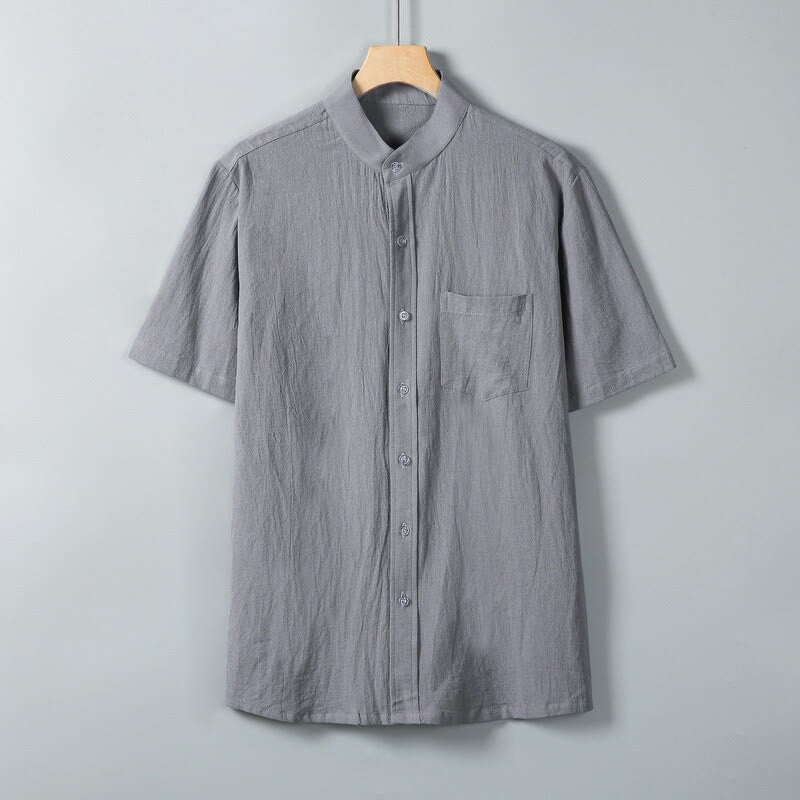 Mocoer Daily Printing Solid Color Single Breasted Men's Short Sleeve Cotton Linen Shirt WIth Pockets - Mocoer