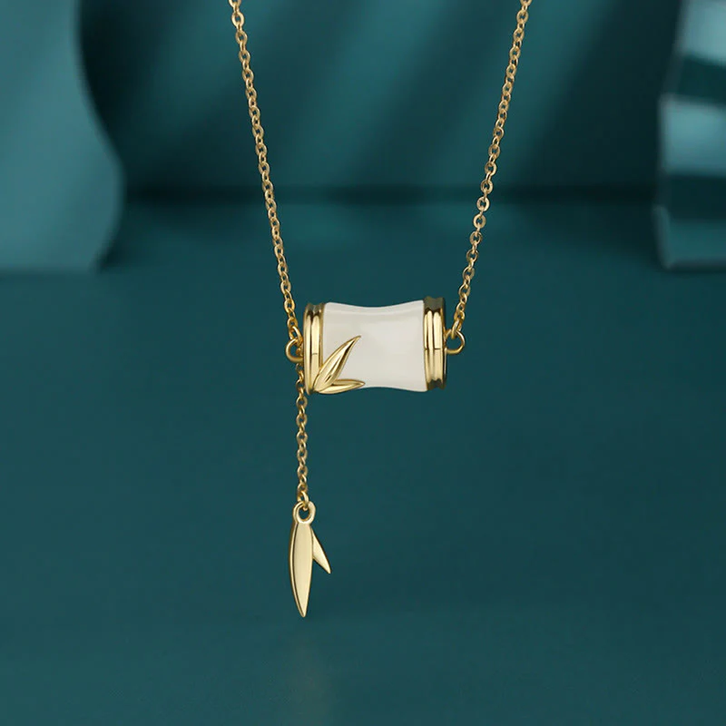 Mocoer 925 Sterling Silver 22K Gold Hetian White Jade Bamboo Leaf Luck Necklace Pendant Bracelet - Mocoer