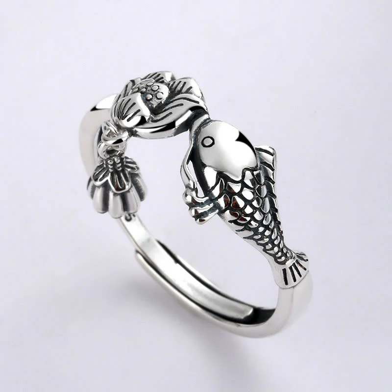 Mocoer 925 Sterling Silver Koi Fish Lotus Flower Success Ring - Mocoer