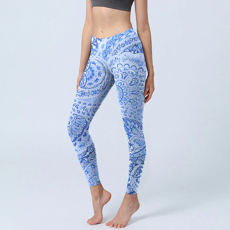 Mocoer Persian Style RoyalBlue White Flowers Pattern Print Exercise Leggings Women's Yoga Pants - Mocoer