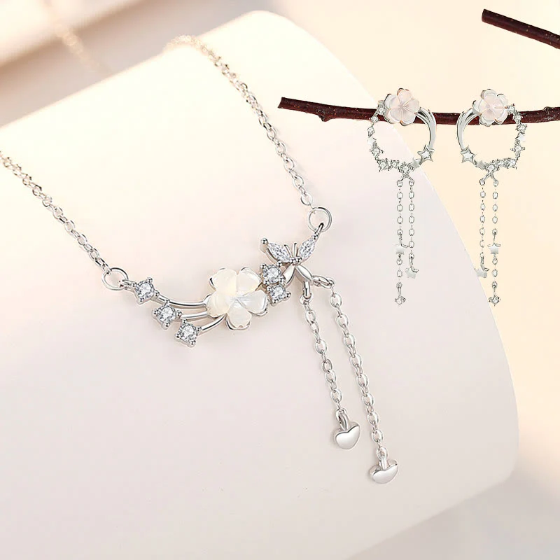Mocoer 925 Sterling Silver Flower Butterfly Love Necklace Pendant Earrings Set - Mocoer