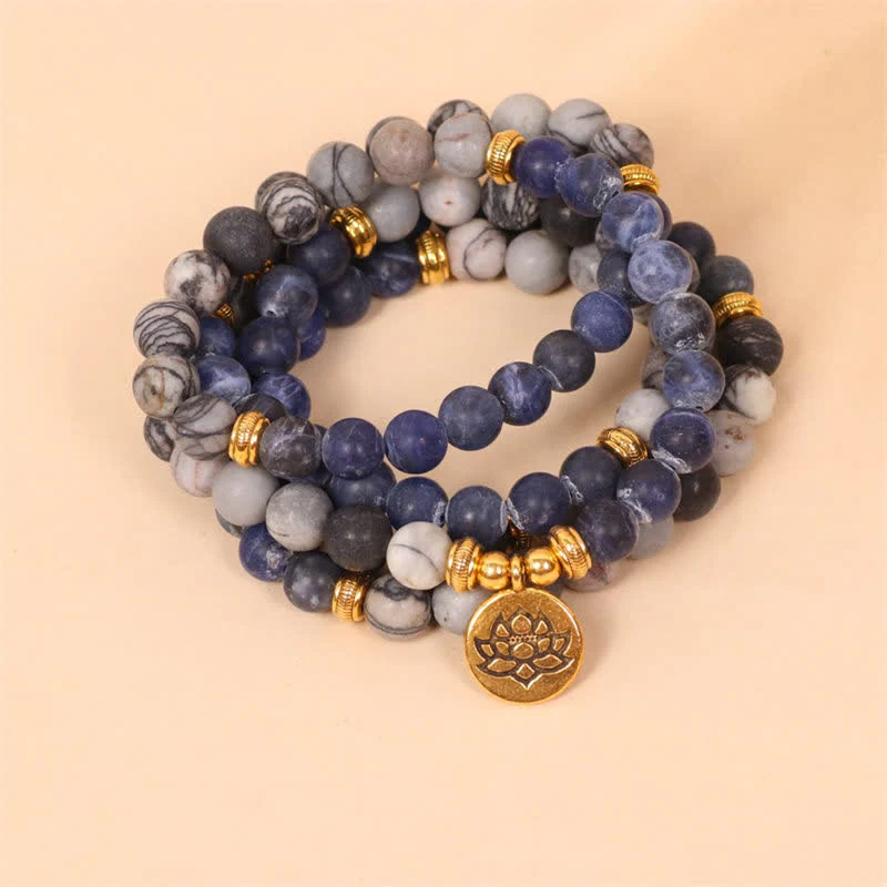 Mocoer 108 Mala Beads Sodalite Zebra Jasper Crystal Lotus Strength Bracelet - Mocoer