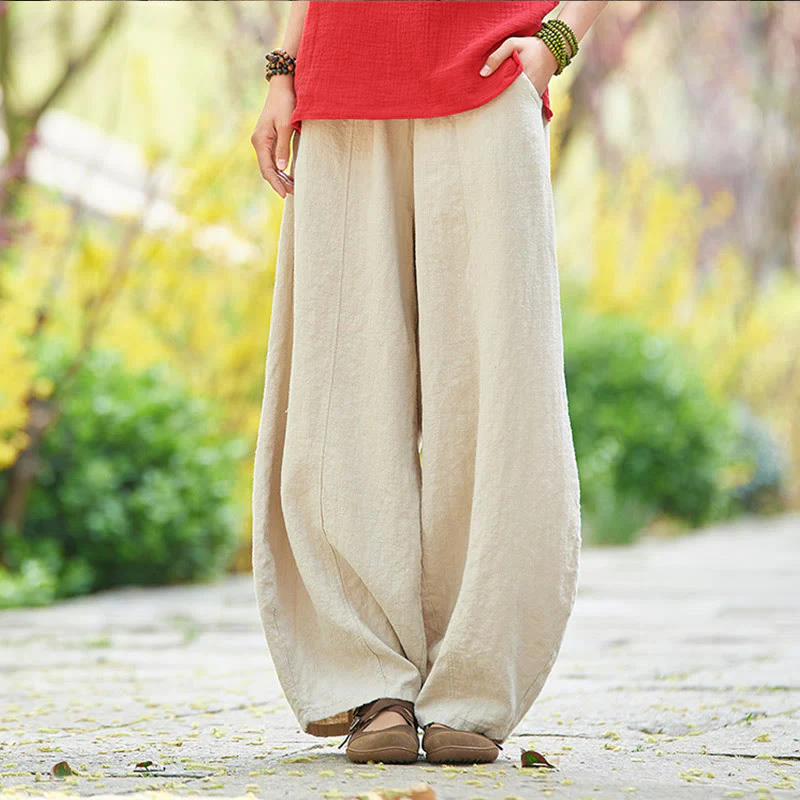 Mocoer Casual Plain Color Elastic Waistband Fleece Lined Cotton Ramie Women's Pants With Pockets - Mocoer