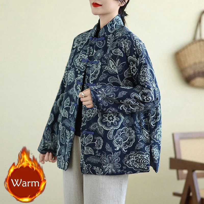 Mocoer Winter Blue And White Flowers Warm Frog Button Design Long Sleeve Cotton Jacket - Mocoer