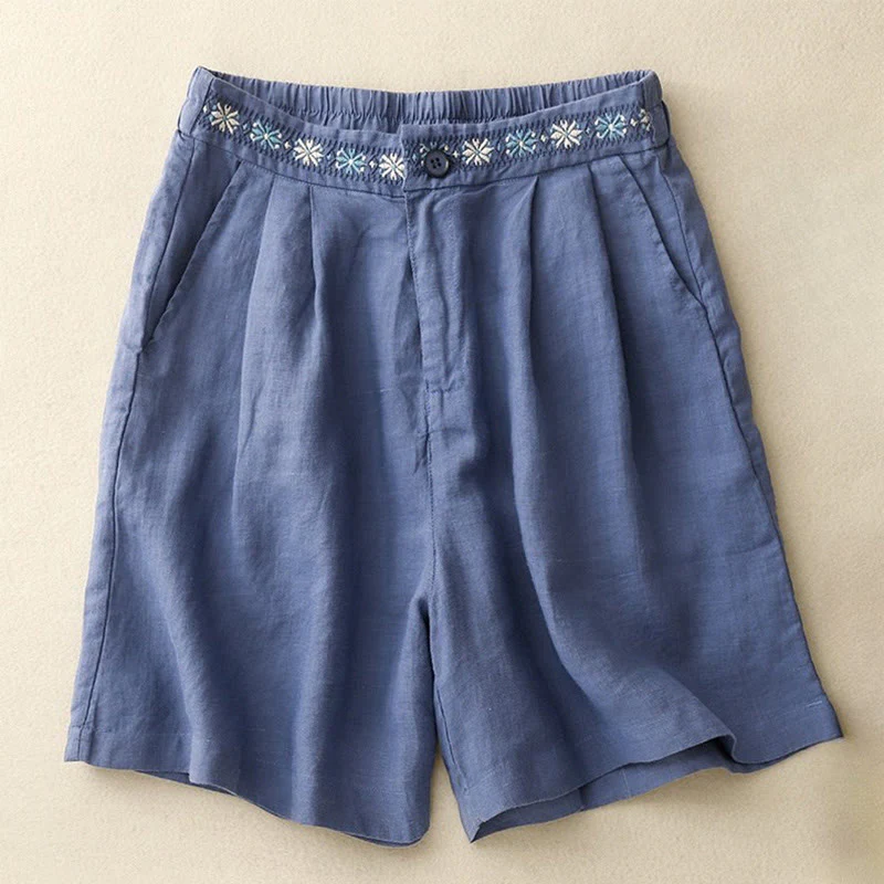 Mocoer Summer Casual Embroidery Flower Pleated Zipper Button Cotton Linen Women's Shorts With Pockets - Mocoer