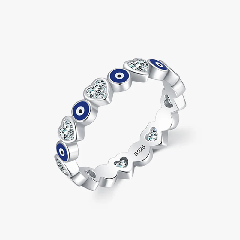 Mocoer 925 Sterling Silver Evil Eye Love Heart Zircon Blessing Ring - Mocoer